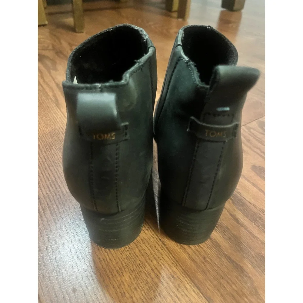Toms Marina Black Leather Ankle Boots Almond Toe Block Heel Womens 9